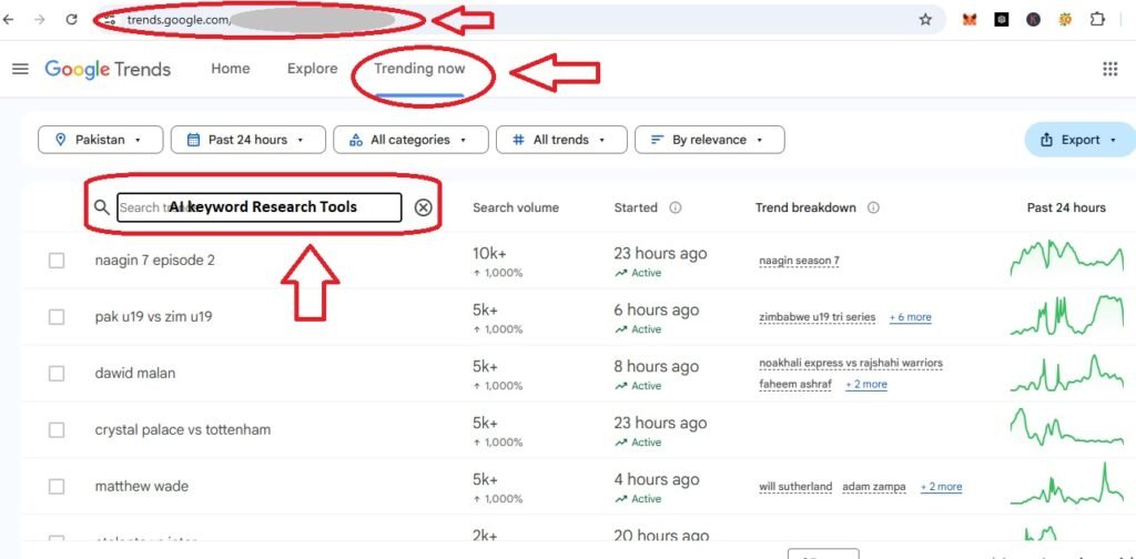 The process to check Google trends for keywords.