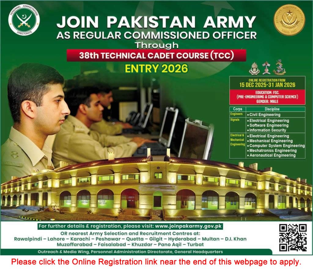 Join Pakistan Army through 38th Technical Cadet Course (TCC) December 2025 Online Registration Latest