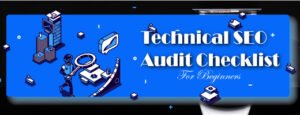 Technical SEO audit checklist for beginners illustration with magnifying glass and server icons